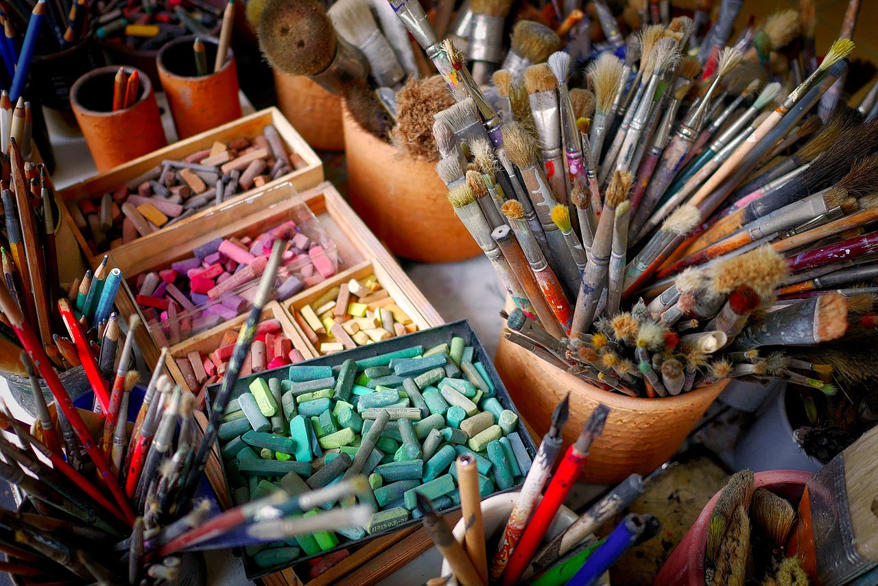 colorful brushes and chalks for painting